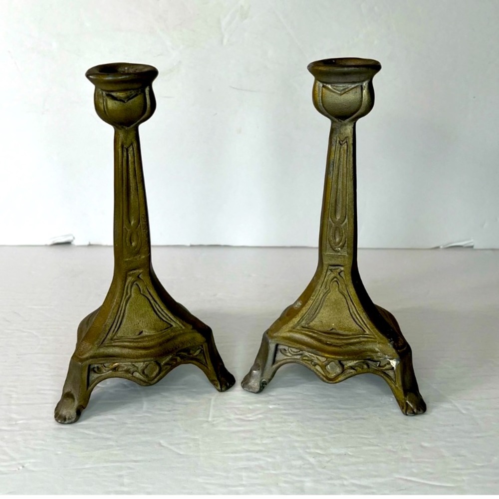 1920s Art Deco Antique Brass Candlesticks - a Pair